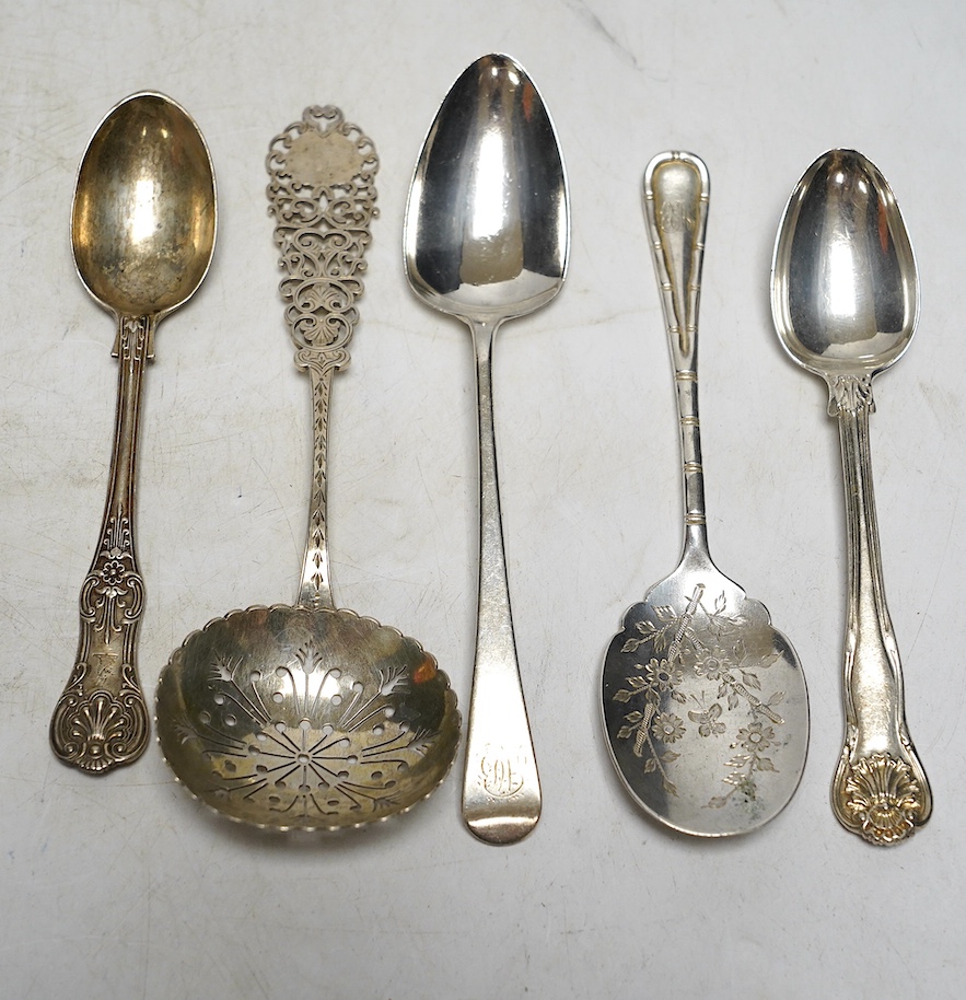 A set of six George III silver Old English pattern dessert spoons, Soloman Hougham, London 1802, a set of six later silver teaspoons, London, 1842 and a quantity of assorted silver flatware, 28.2oz. Condition - poor to f